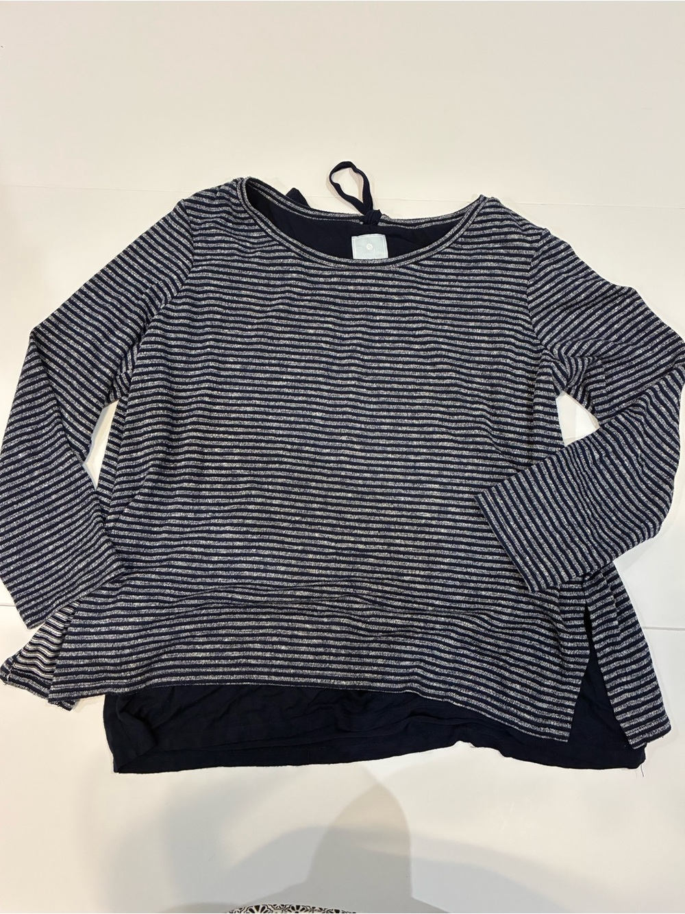DB Sunday 1X Layered Stripe Sweater – Grey & Navy Ribbon‑Back Detail
